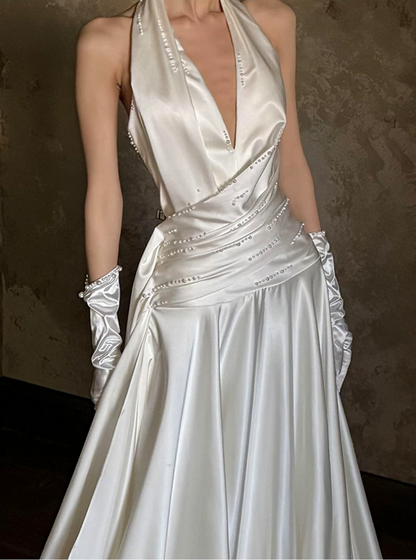 Elegant Halter V‑Neck Satin Draped Beaded A‑Line Chapel Train Sleeveless Wedding Dress TP6125