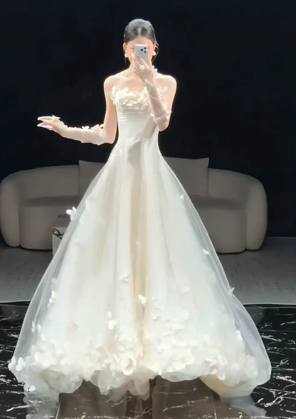 Elegant Strapless 3D Floral A‑Line Tulle Chapel Train Matching Long Floral Gloves Wedding Dress TP6127