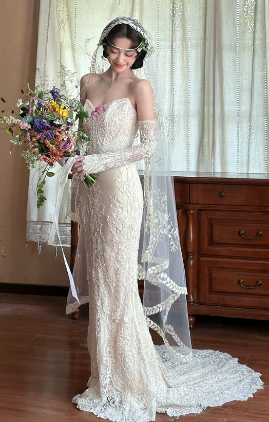 Elegant Strapless Mermaid Lace Long Lace Sleeves Chapel Train Wedding Dress TP6128