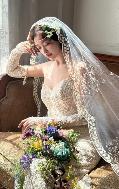 Elegant Strapless Mermaid Lace Long Lace Sleeves Chapel Train Wedding Dress TP6128