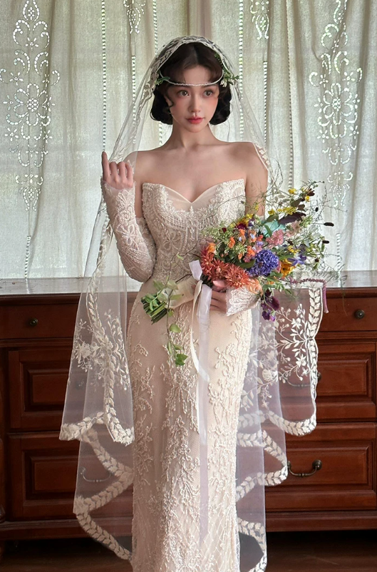 Elegant Strapless Mermaid Lace Long Lace Sleeves Chapel Train Wedding Dress TP6128