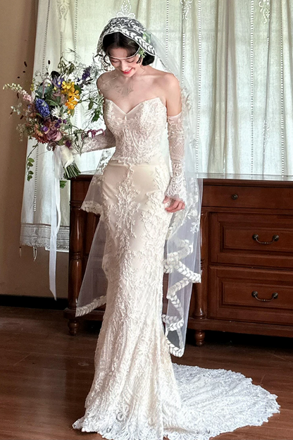 Elegant Strapless Mermaid Lace Long Lace Sleeves Chapel Train Wedding Dress TP6128