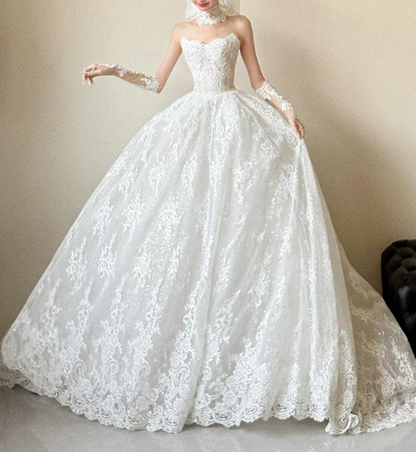 Elegant Strapless Sweetheart Lace A-Line Wedding Dress TP6129