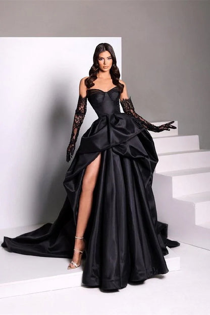 Retro Black Sweetheart Irregular Ruffle Hem Lace Gloves Design Elegant A-Line Satin Evening Dress Prom Dress TP4124