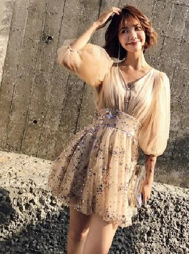 Chic Shiny Champagne Sequin Homecoming Dress V-neck Party Dress Short A-Line Cocktail Dress TP4651