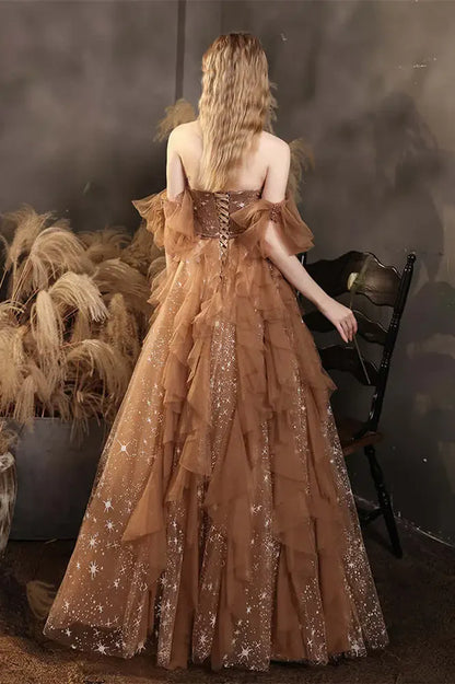 Elegant Champagne Sweetheart Shiny Sequin Ruffle Design A-Line Chiffon Tulle Evening Dress Prom Dress TP4125