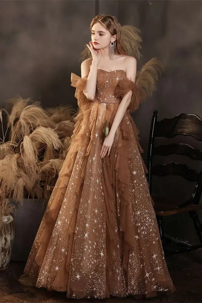 Elegant Champagne Sweetheart Shiny Sequin Ruffle Design A-Line Chiffon Tulle Evening Dress Prom Dress TP4125