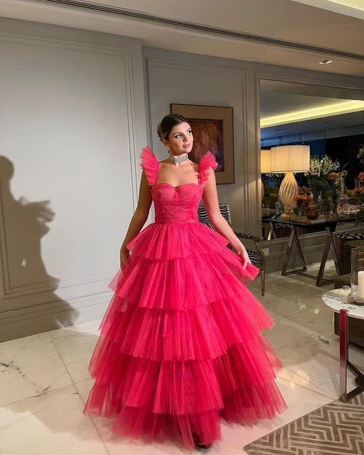 Vintage Hot Pink A-Line Prom Dress Long Sweetheart Evening Dress Chiffon Tiered Formal Dress TP4579