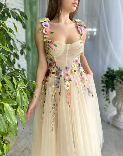 Vintage Floral Applique Prom Dress Long A-Line Evening Dress Chiffon Formal Dress TP4573
