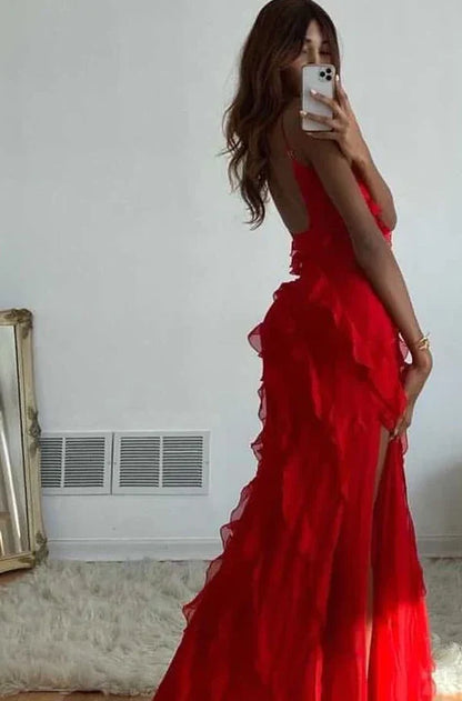 Vintage Red Sheath Prom Dress Long Ruffles Evening Dress Spaghetti Strap Formal Dress TP4586