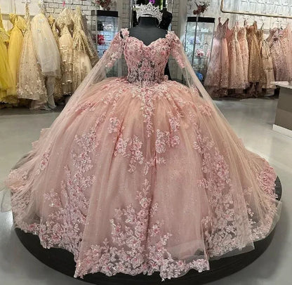 Beautiful Pink Sweetheart Applique Sweet 16 Quinceanera A-Line Tulle Floor-length Prom Dress Birthday Dress Evening Dress Ball Gown TP4547