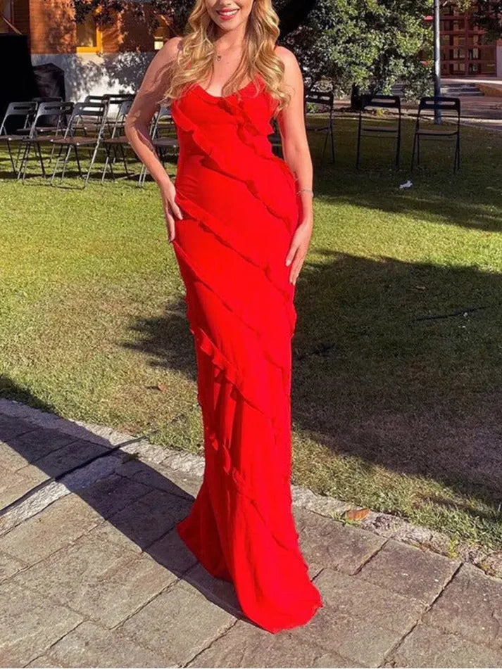 Vintage Red Sheath Prom Dress Long Ruffles Evening Dress Spaghetti Strap Formal Dress TP4586