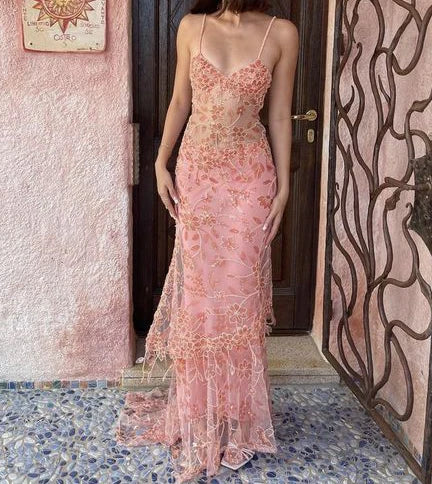 Vintage Pink Lace Sheath Prom Dress Long Evening Dress Spaghetti Strap Formal Dress TP4583