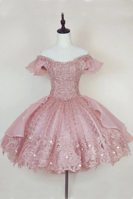 Vintage Shiny Pink Beaded Homecoming Dress Off-the-shoulder Party Dress Short A-Line Cocktail Dress TP4641