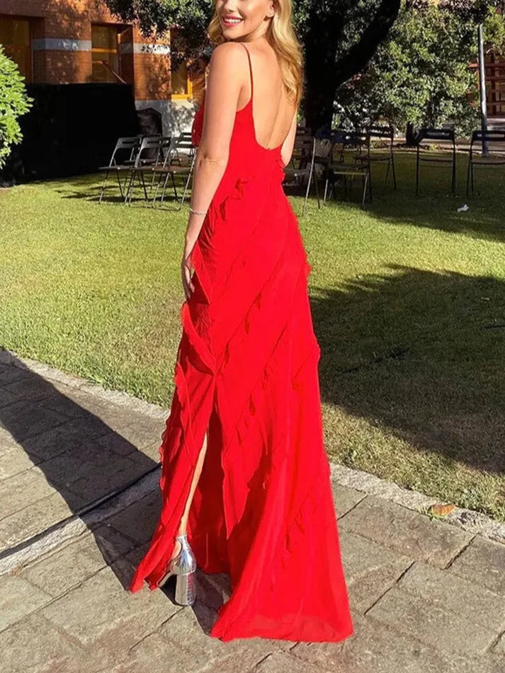 Vintage Red Sheath Prom Dress Long Ruffles Evening Dress Spaghetti Strap Formal Dress TP4586