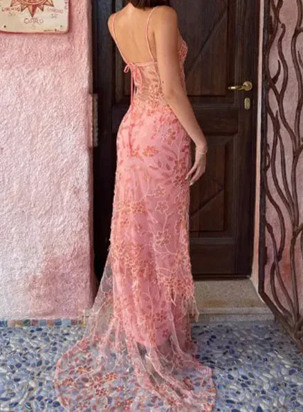 Vintage Pink Lace Sheath Prom Dress Long Evening Dress Spaghetti Strap Formal Dress TP4583