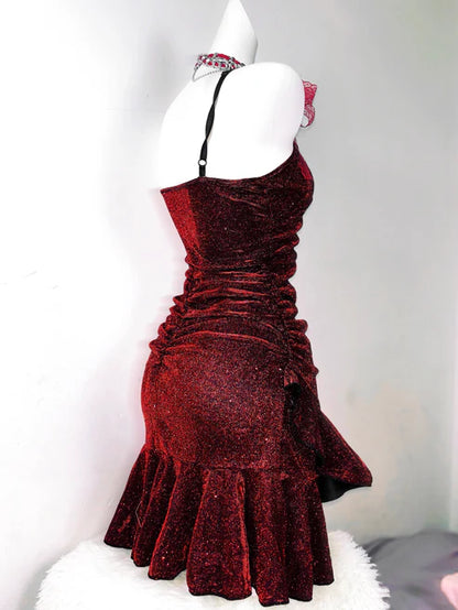 Retro Glitter Burgundy Spaghetti Strap 18th Birthday Party Dress Homecoming Dress TP4041
