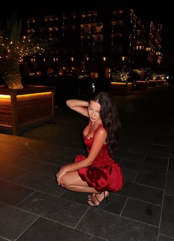 Vintage Burgundy Satin Spaghetti Strap Short A-Line Party Dress Cocktail Dress Homecoming Dress TP4435