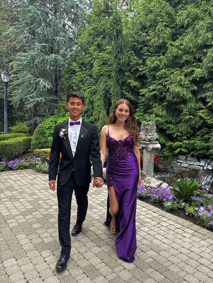 Vintage Purple Glittering Beaded Evening Gown Sheath Applique Spaghetti Strap Party Dress High Slit Long Formal Dress TP4969