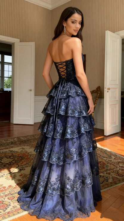 Enchanting Lace & Sequin Strapless Sweetheart High Slit Evening Gown TP5702