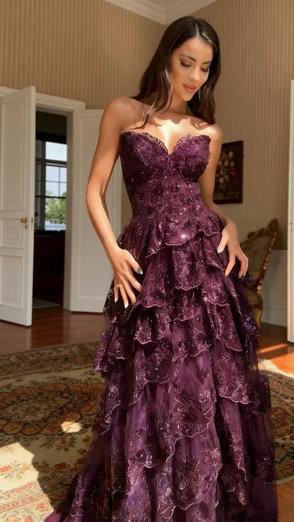 Enchanting Lace & Sequin Strapless Sweetheart High Slit Evening Gown TP5702