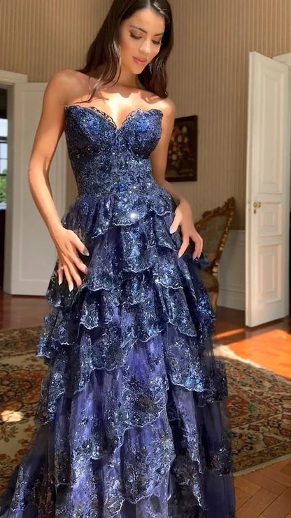 Enchanting Lace & Sequin Strapless Sweetheart High Slit Evening Gown TP5702
