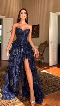 Enchanting Lace & Sequin Strapless Sweetheart High Slit Evening Gown TP5702