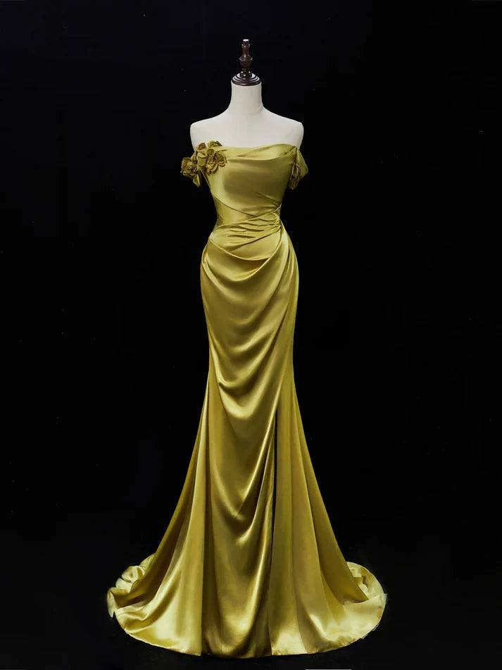 Elegant Satin Mermaid Evening Gown Strapless 3D Flowers Party Dress Long Formal Dress TP4961