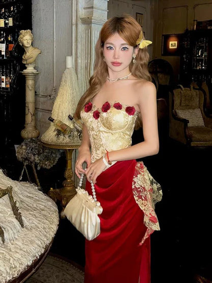 Vintage 3D Rose Sweetheart Prom Dress Red Velvet Sheath Evening Dress Long Formal Dress TP4670
