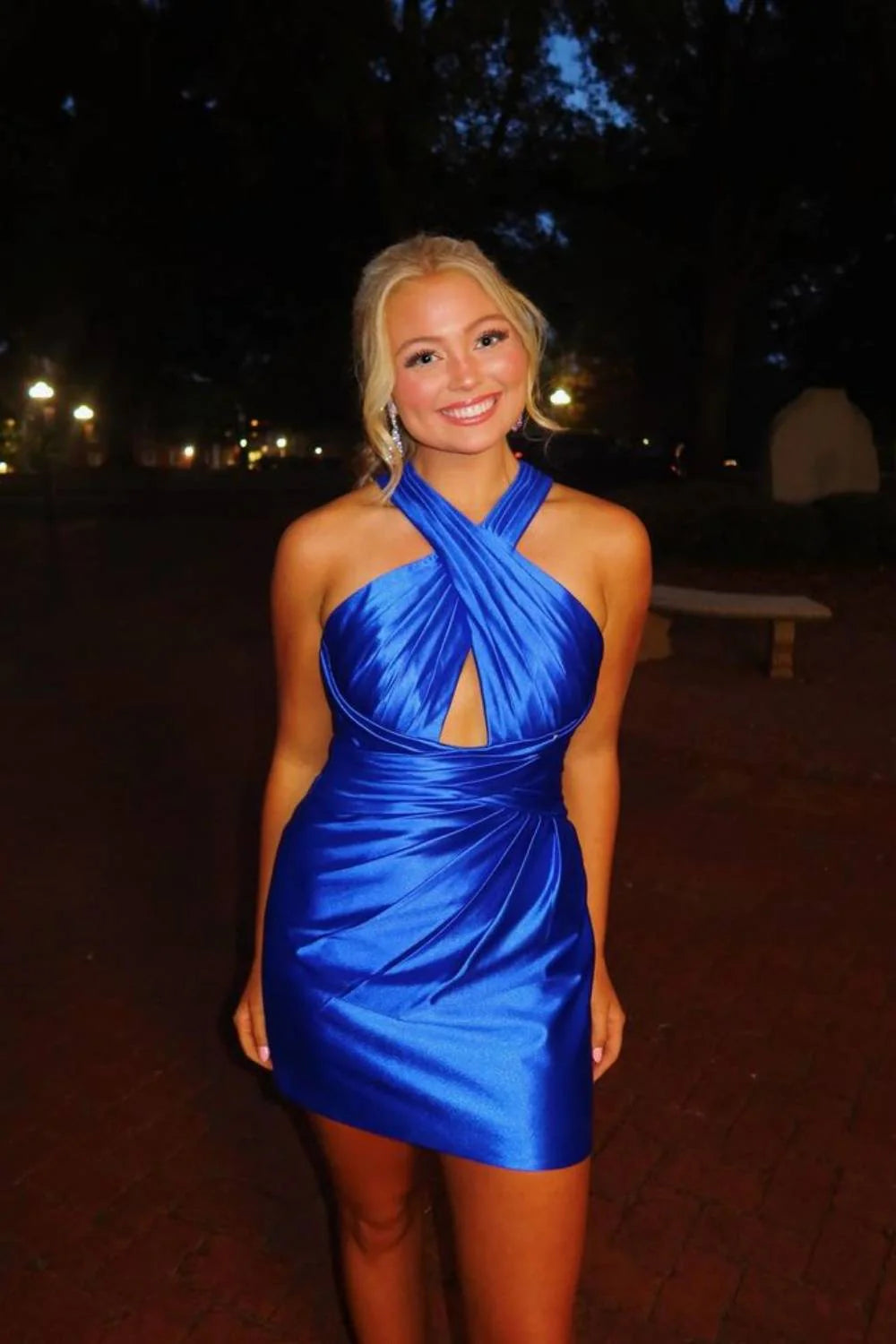 Vintage Royal Blue Halter-Neck Satin Sheath Mini Ruched Homecoming Dress TP6002