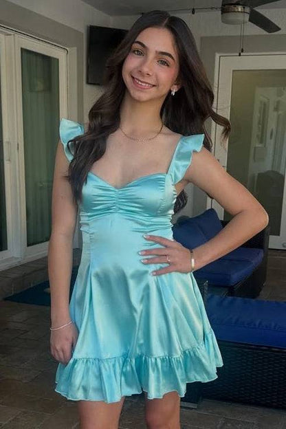 Cute Tiffany Blue Shiny Satin Ruffle Strap A-Line Homecoming Dress TP6013