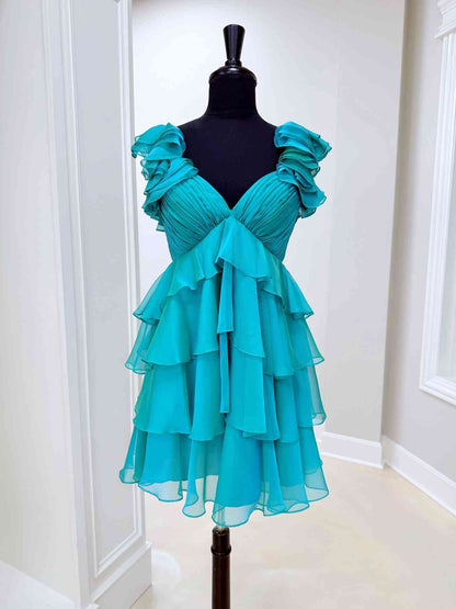 Vintage Turquoise V-Neck Ruffled Chiffon Tiered Cap Sleeve A-Line Homecoming Dress TP6000