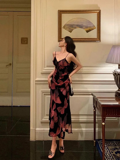 Vintage Spaghetti Strap V-neck Floral Butterfly Design Elegant Sheath Chiffon Evening Dress Prom Dress TP4117