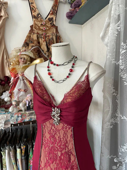 Elegant Burgundy V-neck Spaghetti Strap Lace Mermaid Prom Dress Evening Dress TP4326