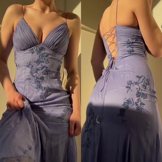 Vintage Embroidery Floral V-neck Spaghetti Strap A-Line Prom Dress Evening Dress TP4327
