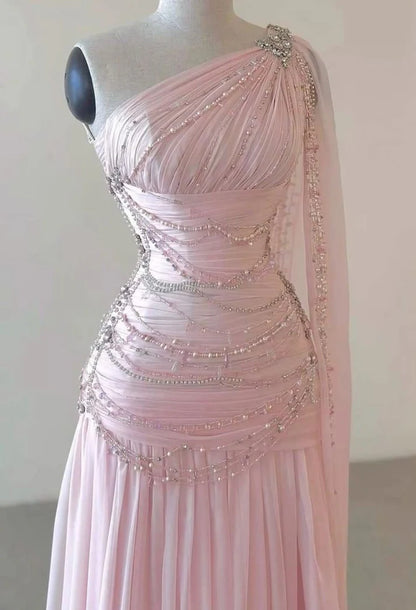 Vintage Glittering Beaded One-shoulder Prom Dress Evening Dress TP4331