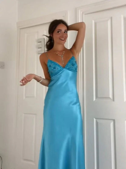 Enchanting Blue V-neck Spaghetti Strap Prom Dress Evening Dress TP4329