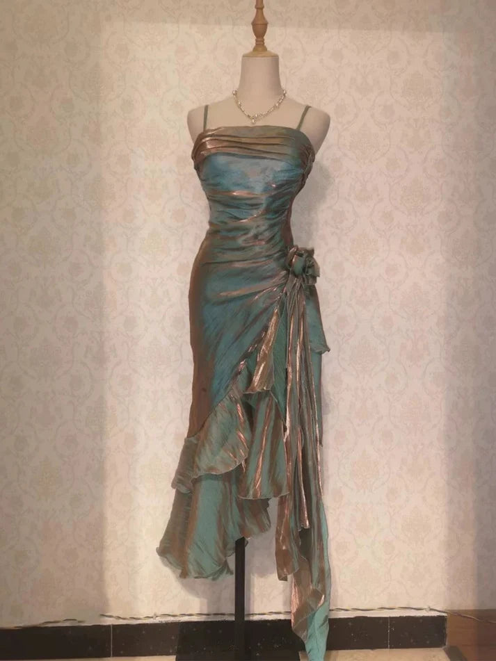 Vintage Elegant Spaghetti Strap Mermaid Ruffles Prom Dress Evening Dress TP4321