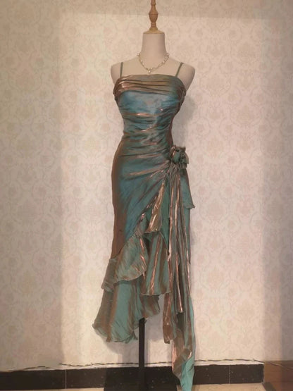 Vintage Elegant Spaghetti Strap Mermaid Ruffles Prom Dress Evening Dress TP4321