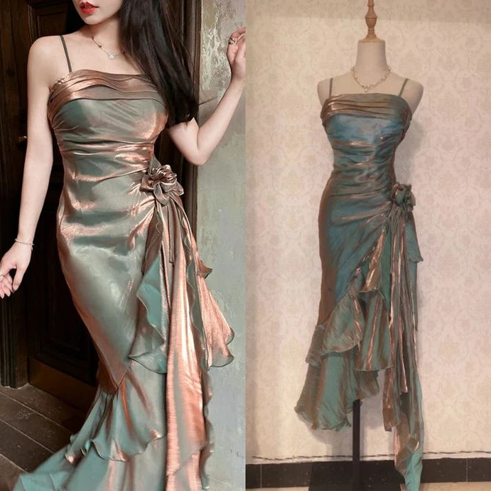 Vintage Elegant Spaghetti Strap Mermaid Ruffles Prom Dress Evening Dress TP4321