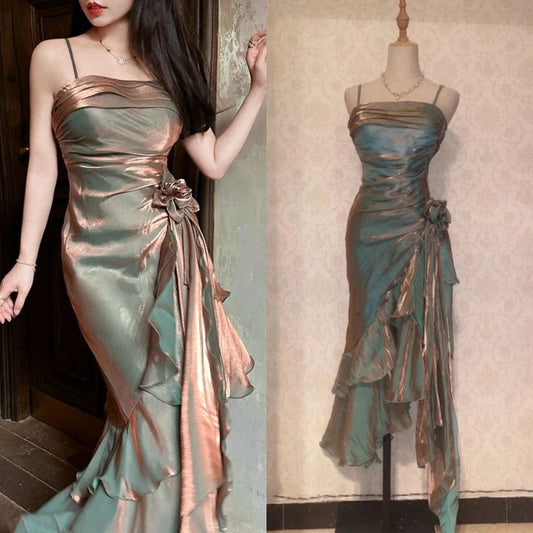 Vintage Elegant Spaghetti Strap Mermaid Ruffles Prom Dress Evening Dress TP4321