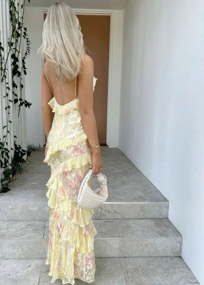 Vintage Floral Spaghetti Strap Ruffles Mermaid Chiffon Long Prom Dress Evening Dress TP4314