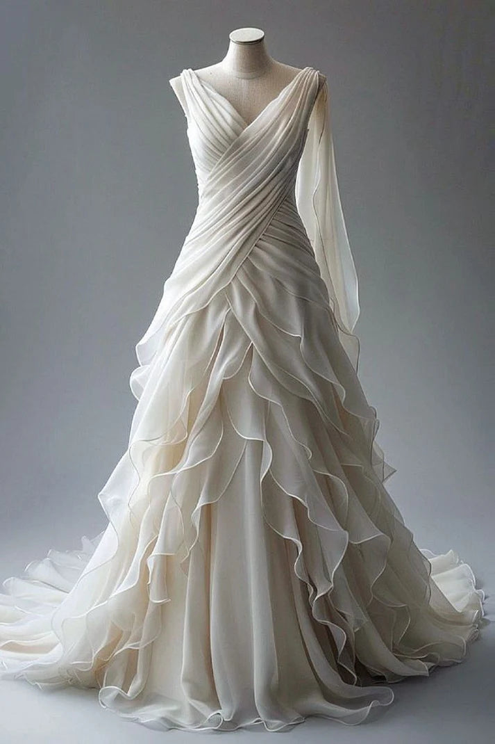 Vintage White V-neck Ruffle Design Beautiful A-Line Chiffon Wedding Dress TP4096