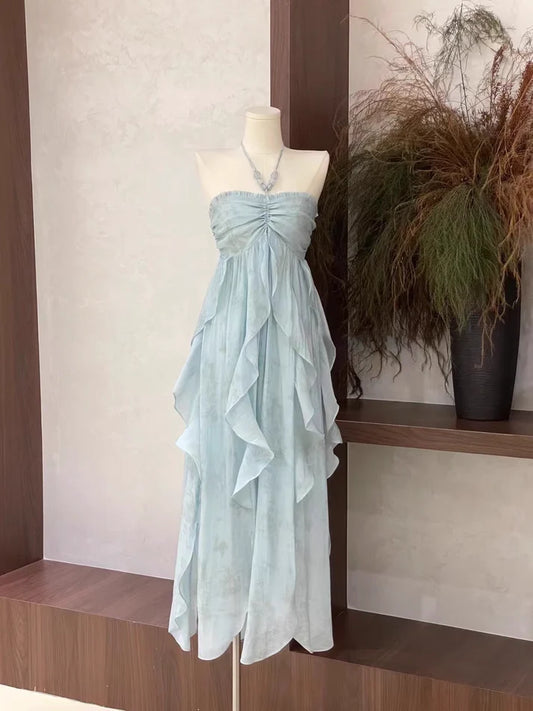 Floral Ruffle Design Halter Dress Elegant A-line Chiffon Evening Party Dress TP4113