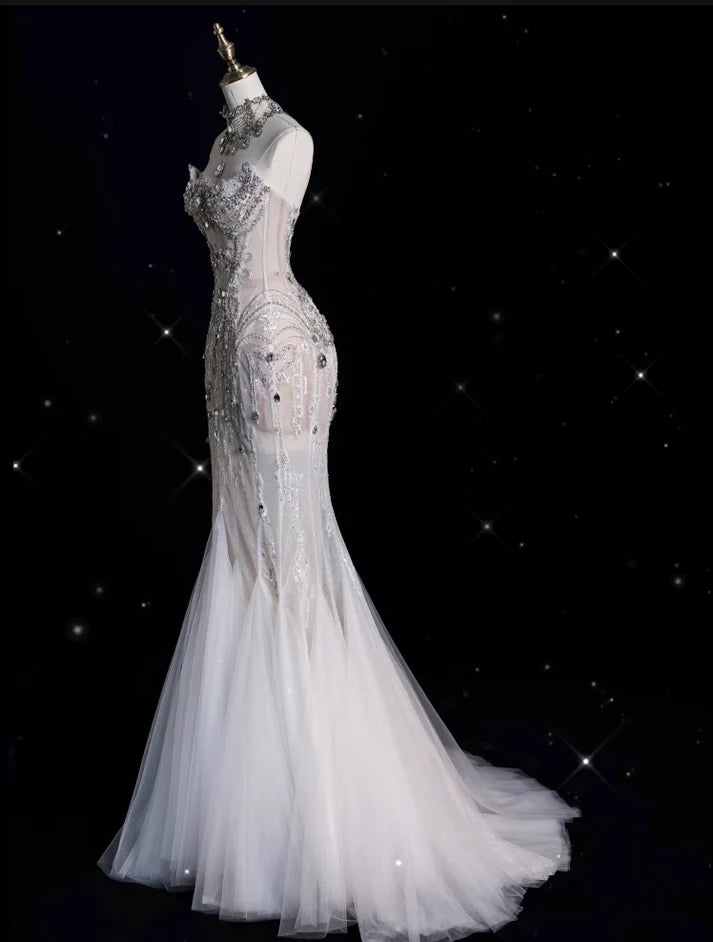 Vintage Sparkling Beaded Mermaid Design Strapless Princess Wedding Dress TP4101