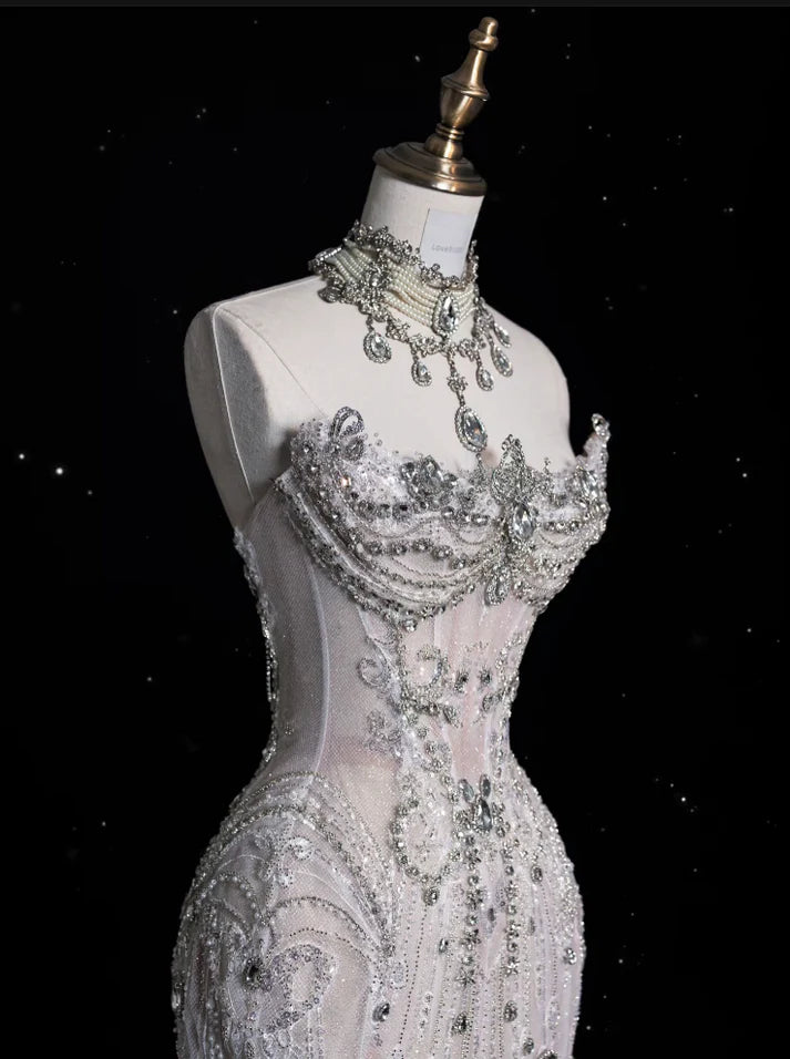 Vintage Sparkling Beaded Mermaid Design Strapless Princess Wedding Dress TP4101