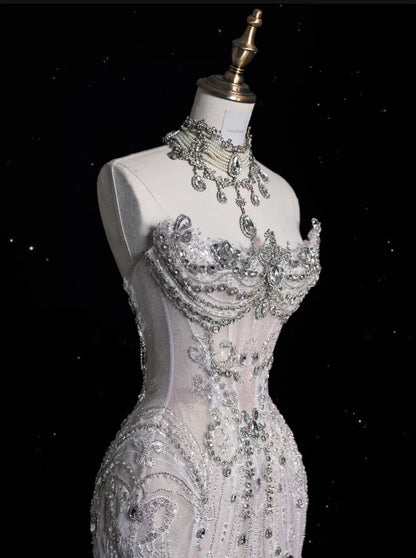 Vintage Sparkling Beaded Mermaid Design Strapless Princess Wedding Dress TP4101