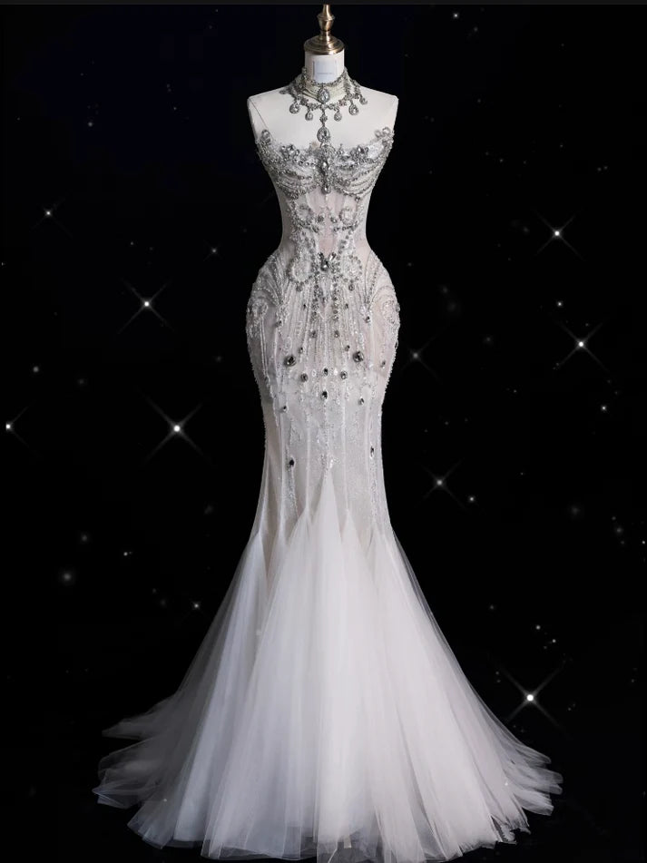 Vintage Sparkling Beaded Mermaid Design Strapless Princess Wedding Dress TP4101