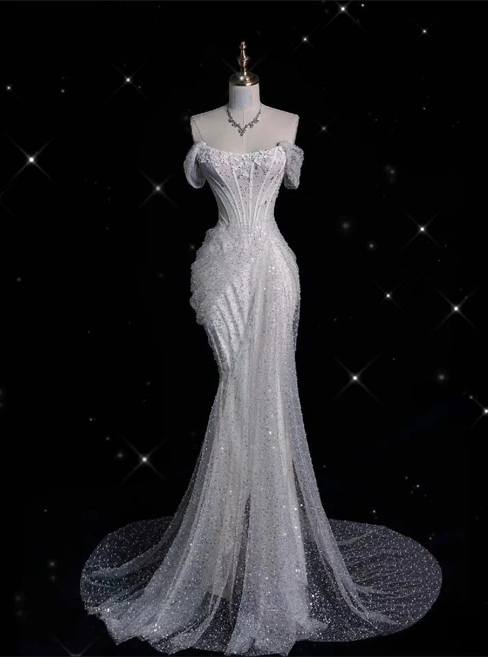 Elegant Sparkling Sequin Mermaid Design Off-the-shoulder Princess Wedding Dress TP4100
