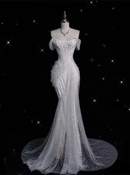 Elegant Sparkling Sequin Mermaid Design Off-the-shoulder Princess Wedding Dress TP4100